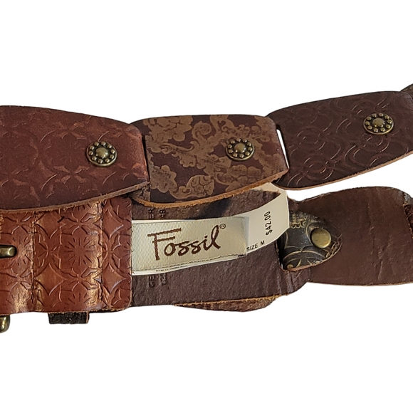 Fossil Metallic Tabs Multi Brown Embossed Leather Fashion Belt Women's Size M - Picture 8 of 9